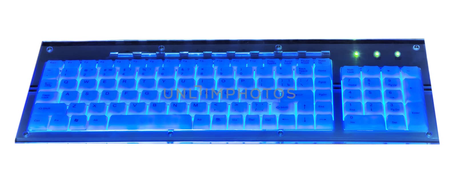 Luminant blue computer keyboard isolated on white background