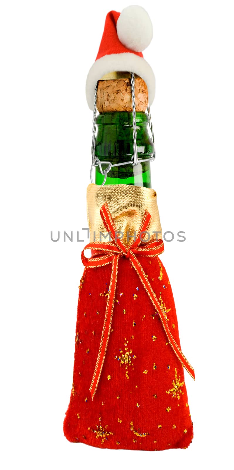Santa Claus red hat on Champagne Bottle in SantaBag - Christmas decoration present