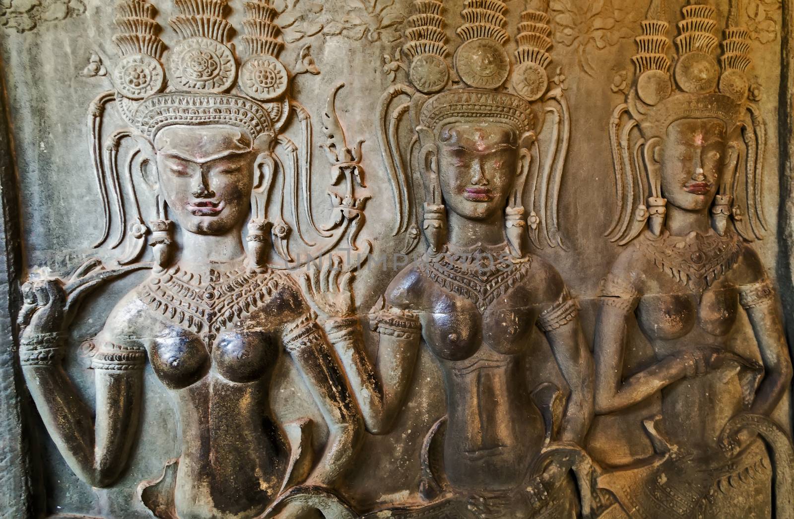 Dancing Apsara Decoration Stone Carving on the wall of Angkor wat, Seam Reap, Cambodia