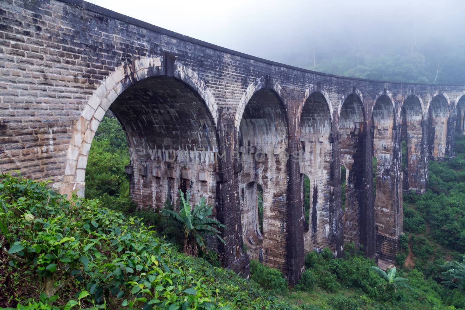 Railway Viaduct one of the most famous old stone bridge in colonial style in Sri Lanka in Demodara, Ella,