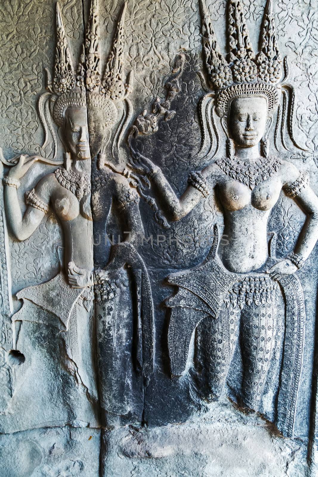 Dancing Apsara Decoration Stone Carving on the wall of Angkor wat, Seam Reap, Cambodia