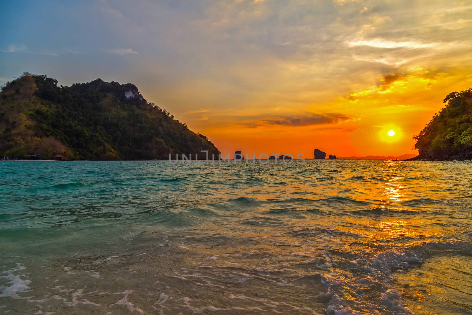 sunrise paradise evening island. Beauty Scene or sun over colorful sky with clouds Seascape tropical nature background