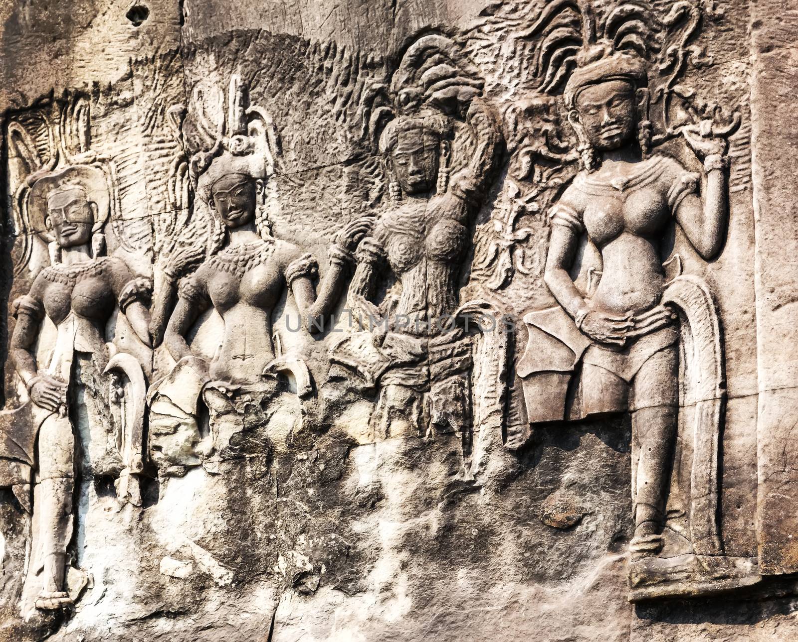 Dancing Apsara Decoration Stone Carving on the wall of Angkor wat, Seam Reap, Cambodia