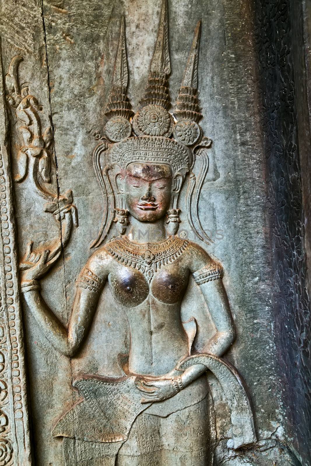 Dancing Apsara Decoration Stone Carving on the wall of Angkor wat, Seam Reap, Cambodia