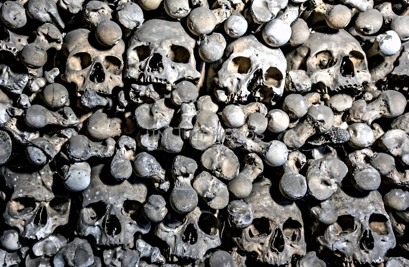 Pile Human skeleton skulls background horror concept
