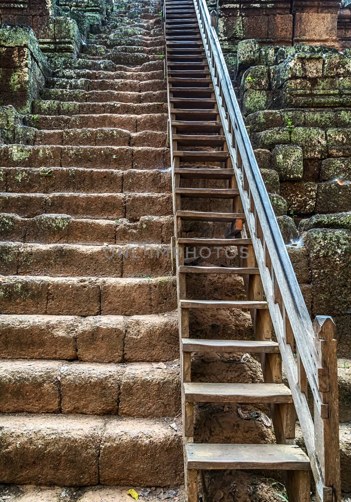old stairway stairs wooden handrails