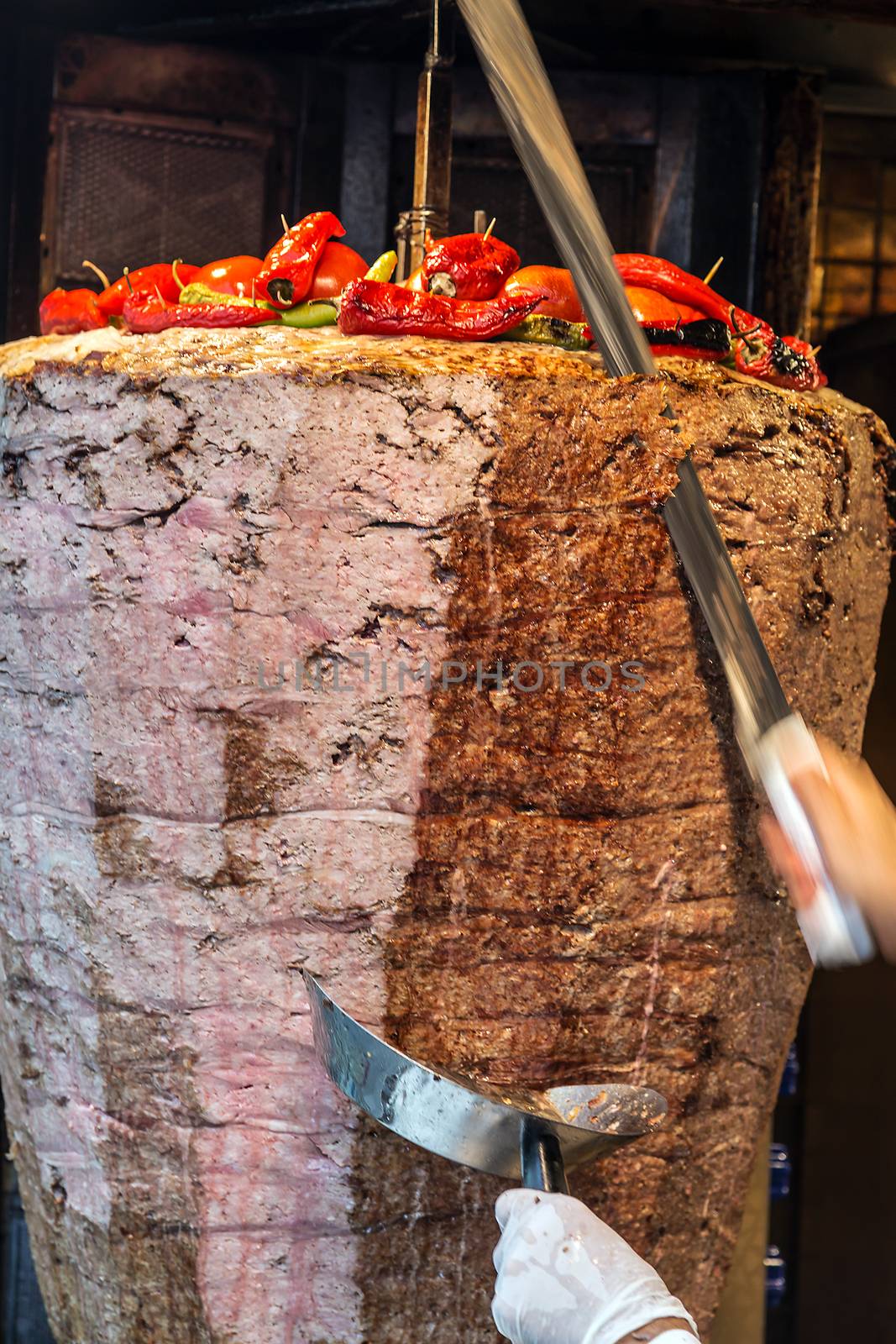 Doner Kebab meat grilled Turkish cuisine Turkey Food. moving to cut soft focus background