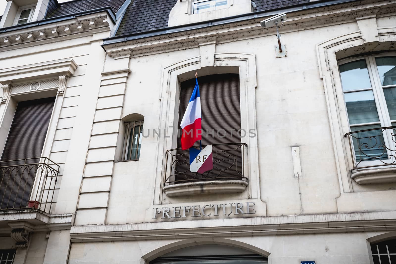 Tours, France - February 8, 2020: architectural detail of the prefecture of Indre et Loire on a winter day