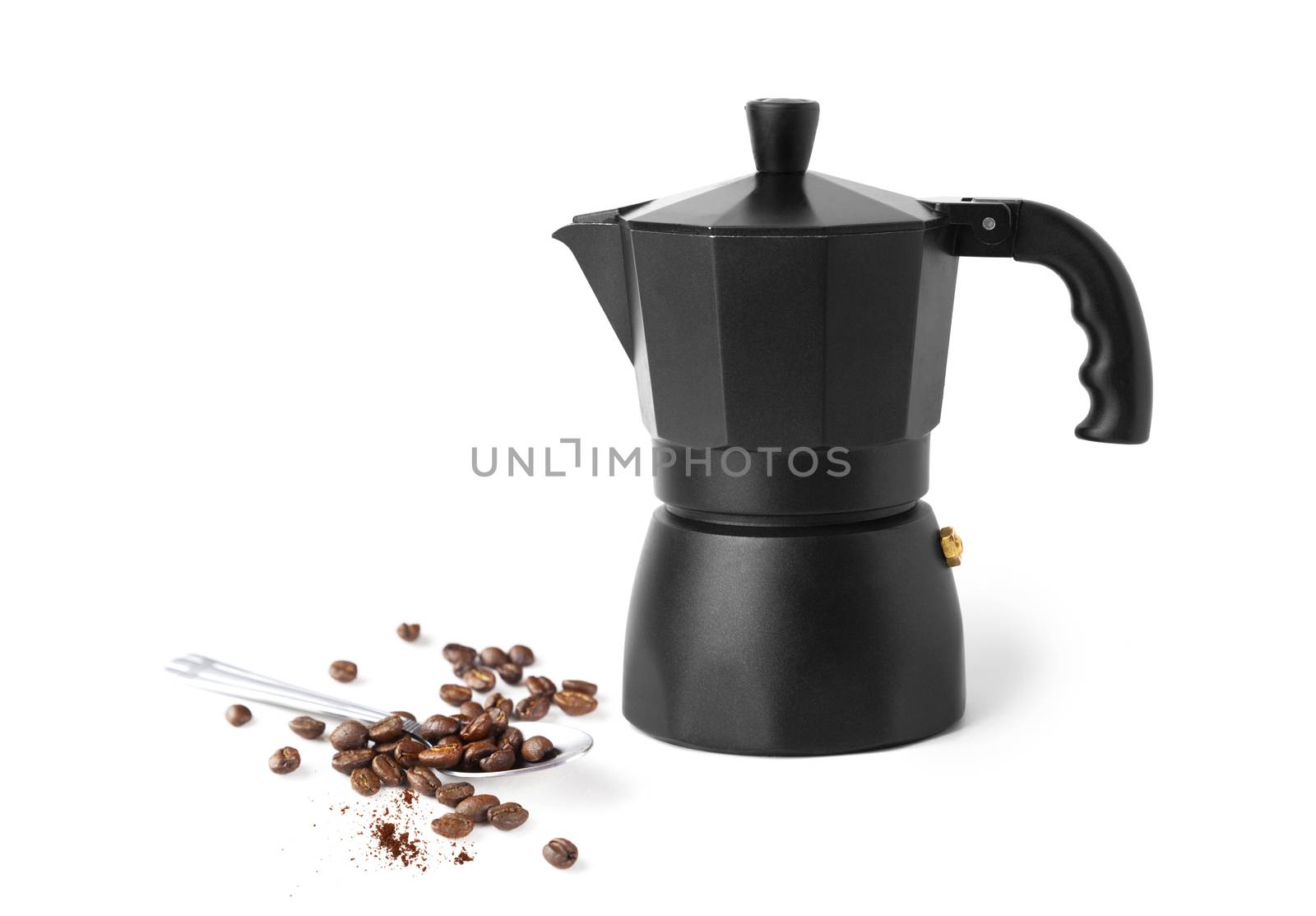 Italian coffee maker and spoon with coffee beans isolated on white background with clipping path