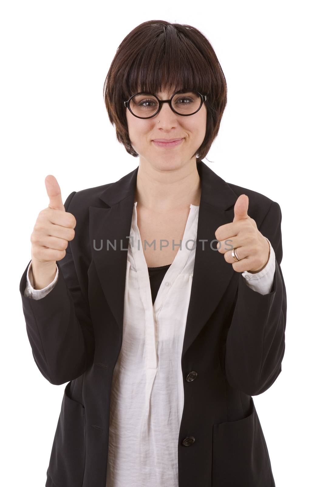 happy business woman going thumb up, isolated on white background