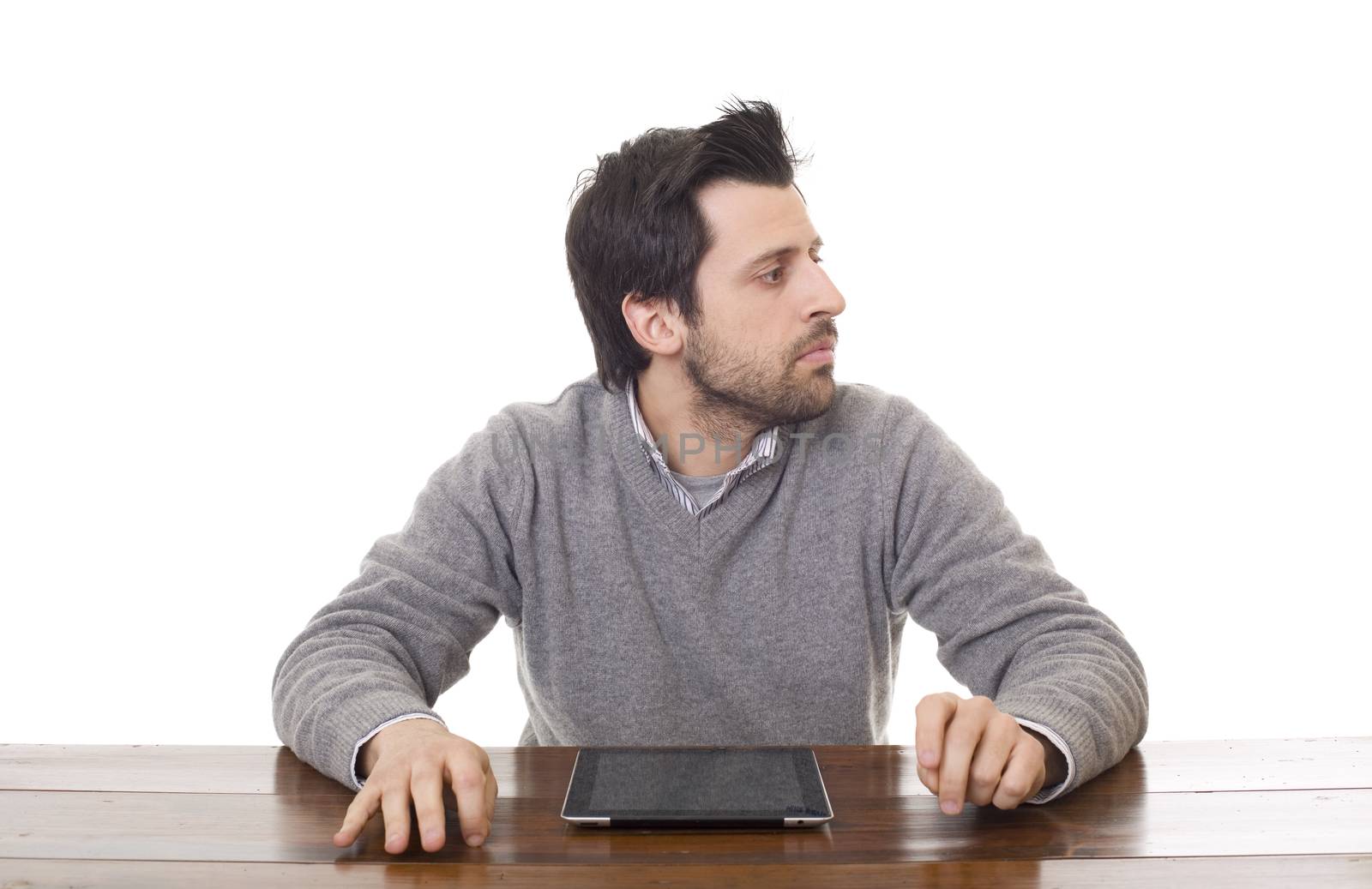 man on a desk working with a tablet pc, isolated