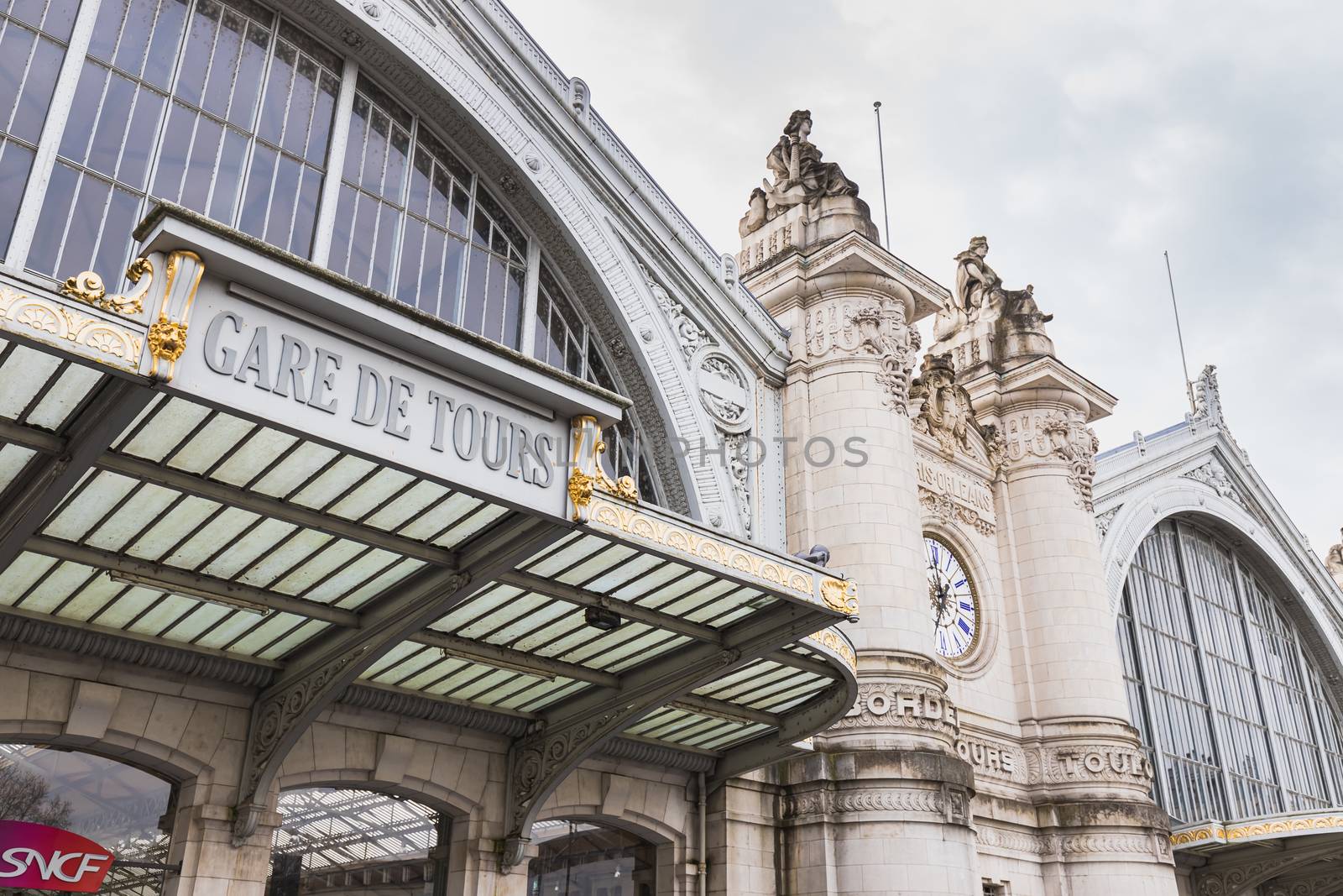 Tours, France - February 8, 2020: architectural detail of the Tours train station in the city center on a winter day