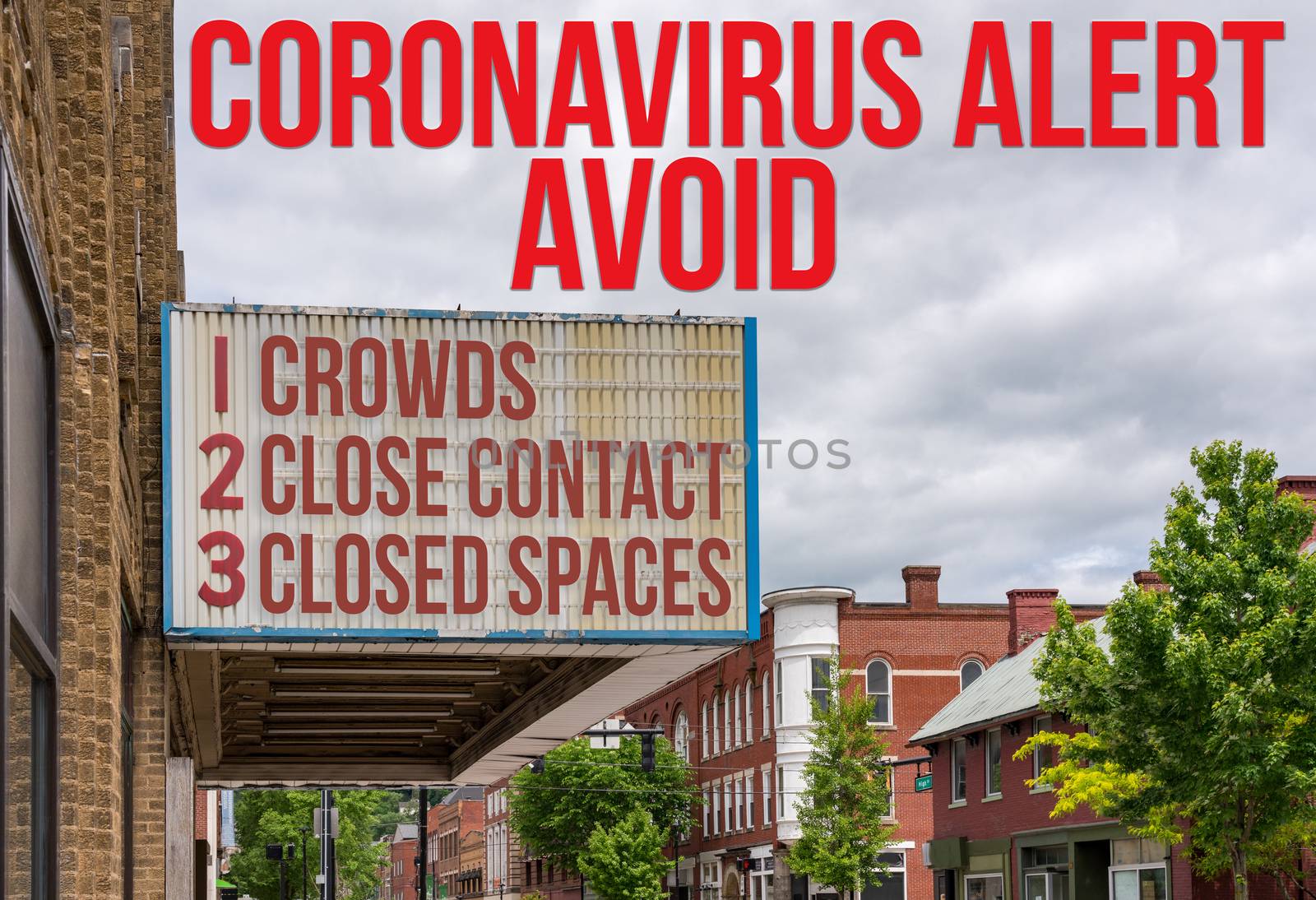 Mockup of movie cinema billboard with three C rules to avoid the coronavirus or Covid-19 of avoid crowds, close contact and closed spaces