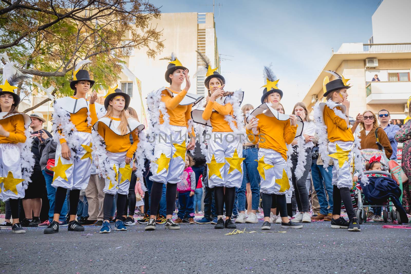 dancers parading in the street in carnival of Loule city, Portug by AtlanticEUROSTOXX