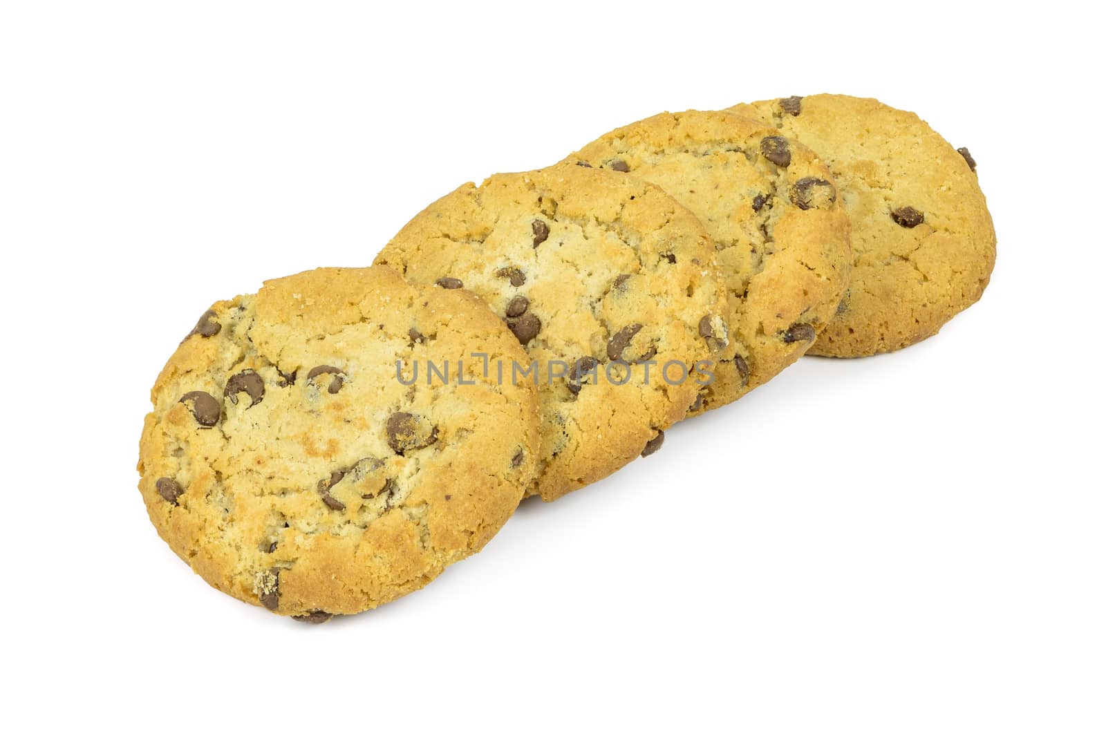 Chocolate chips cookies in a row on white background by mkos83