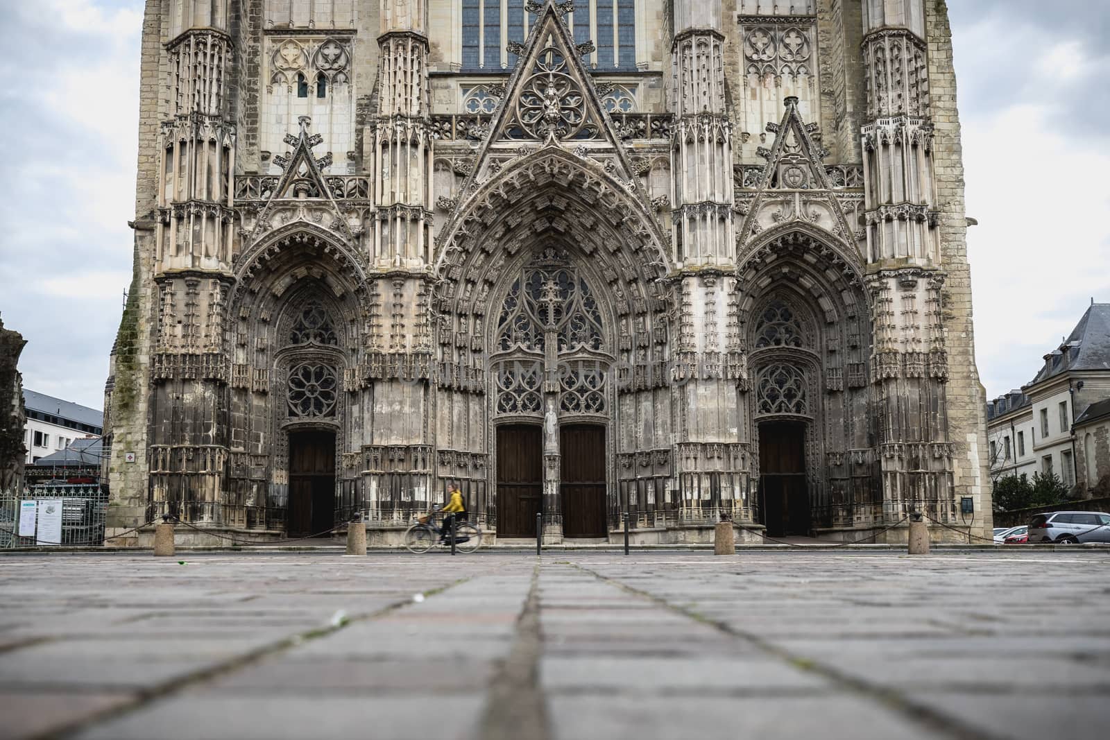 Tours, France - February 8, 2020: architectural detail of the Roman Catholic cathedral Saint Gatien in the historic city center on a winter day