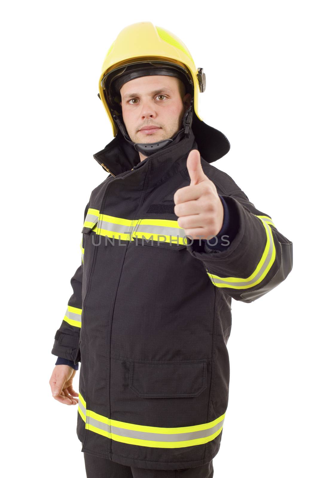 fire fighter going thumb up, isolated on white background