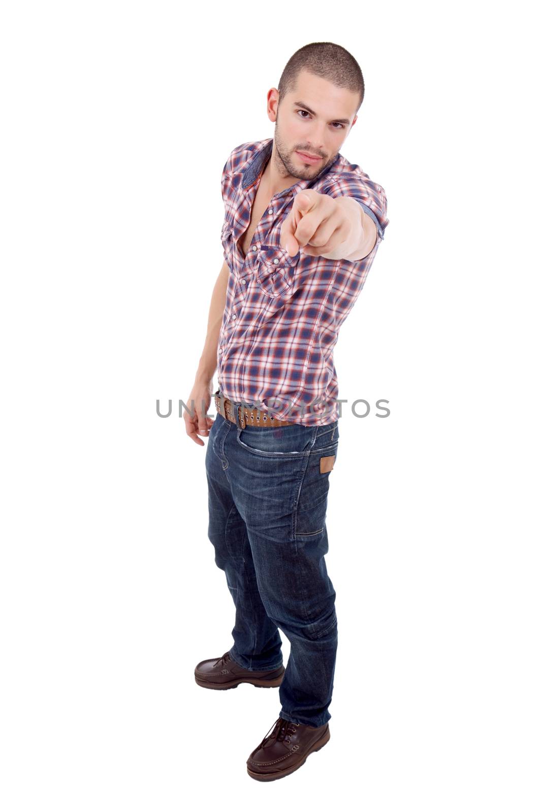 young casual man pointing, isolated on white