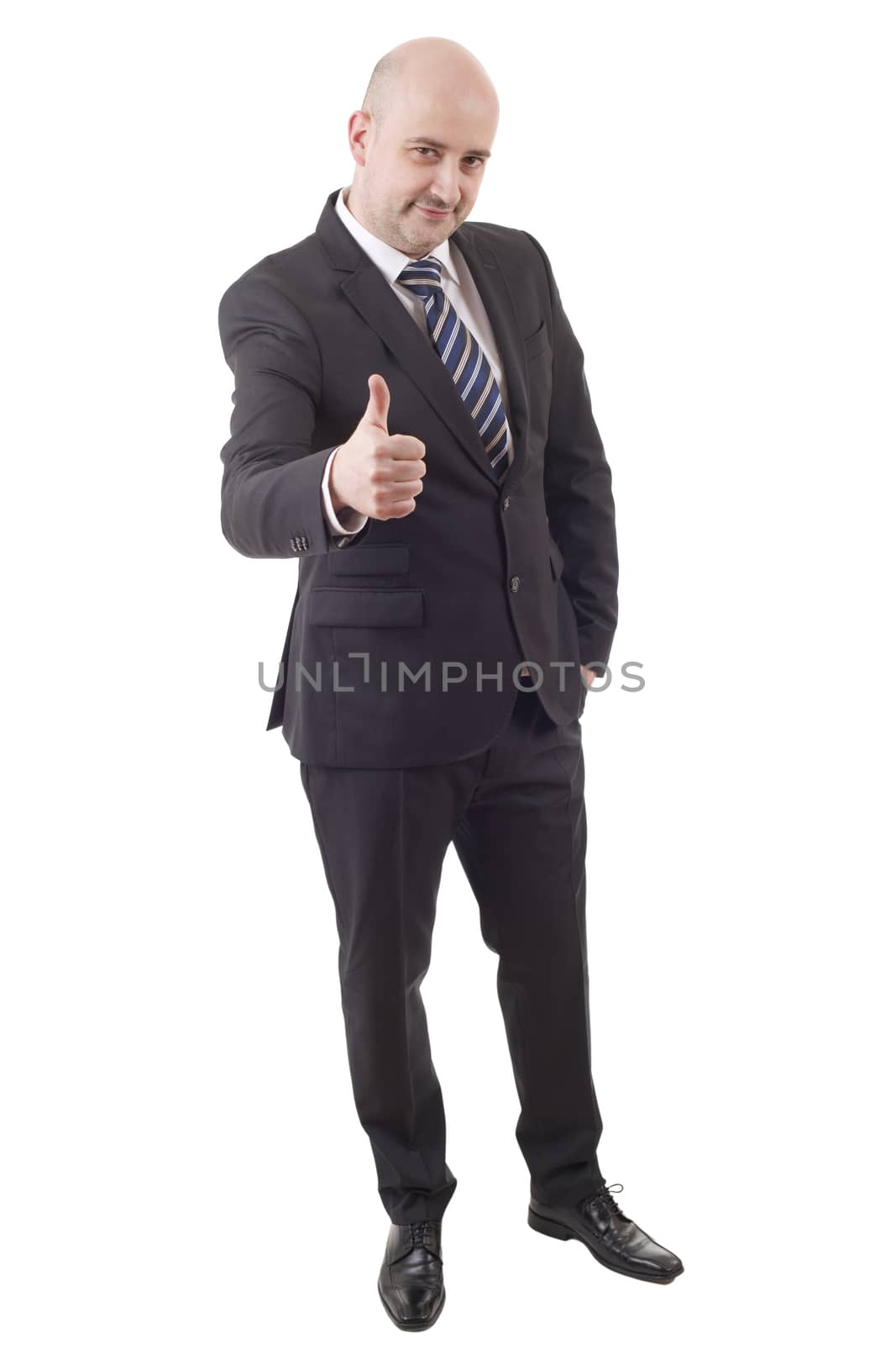 Handsome businessman going thumb up, full length, isolated on white