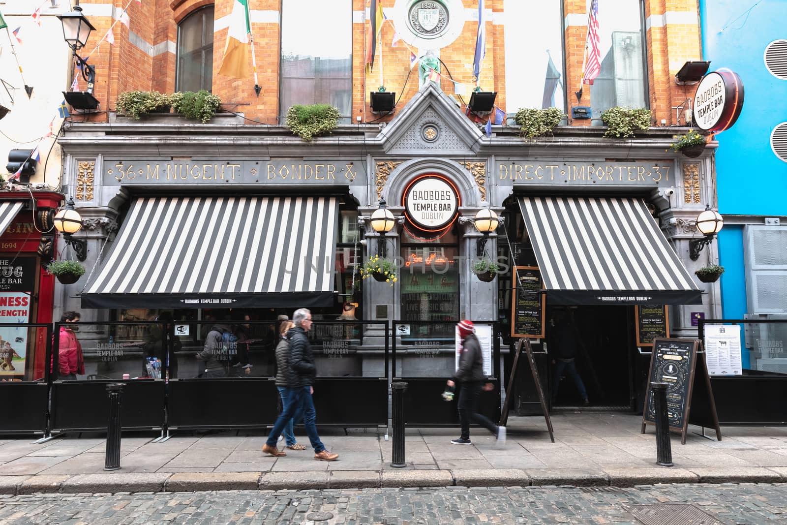 Dublin Ireland - February 16, 2019: Architecture detail of the BadBobs Irish pub in the famous Temple Bar district on a winter day