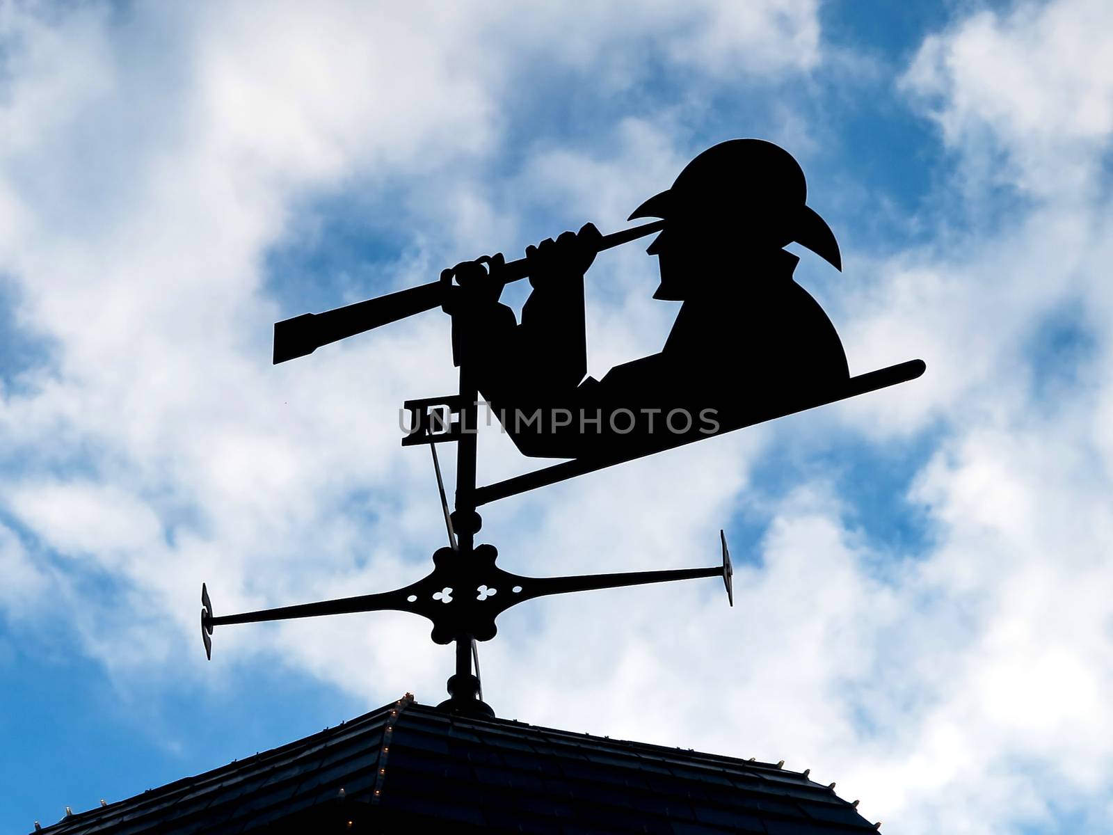 A weather vane with person looking through a telescope