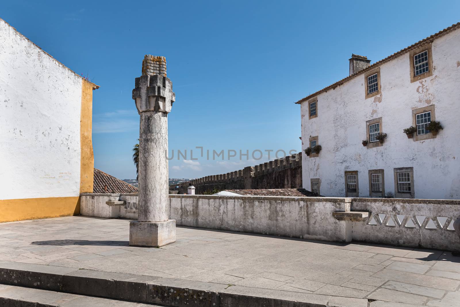 Carved column in the medieval castle of Obidos, Portugal by AtlanticEUROSTOXX