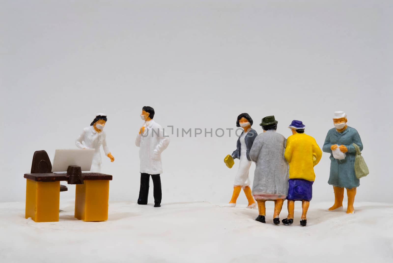 Miniature figure doll Group of Doctor Nurse and Patient wearing mask to Protect Covid-19 or Coronavirus in Hospital They are Talking consulting to other