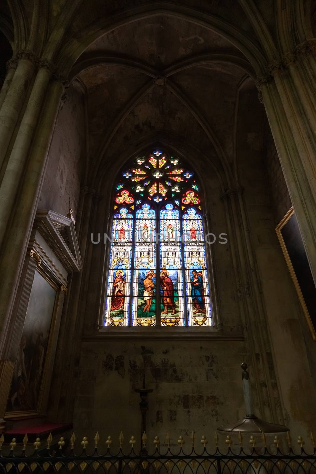 Tours, France - February 8, 2010: detail of the interior, works and stained glass of the Roman Catholic cathedral Saint Gatien in Tours, Indre et Loire, France