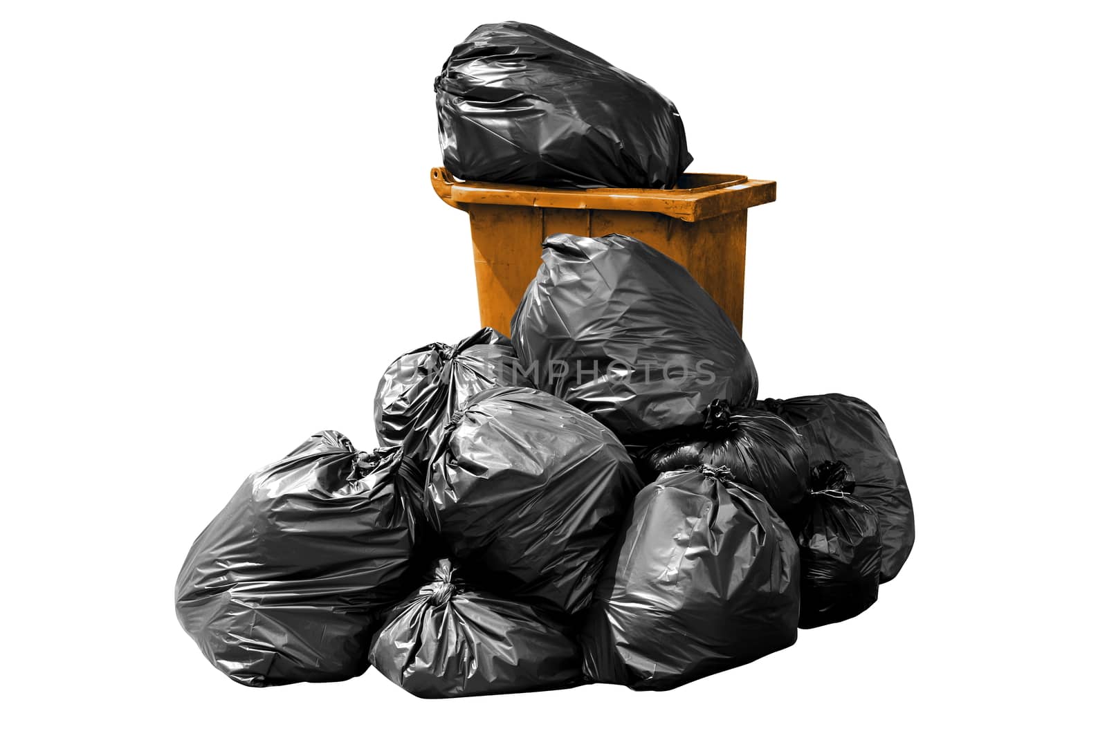 bin bag garbage orange, Bin,Trash, Garbage, Rubbish, Plastic Bags pile isolated on background white