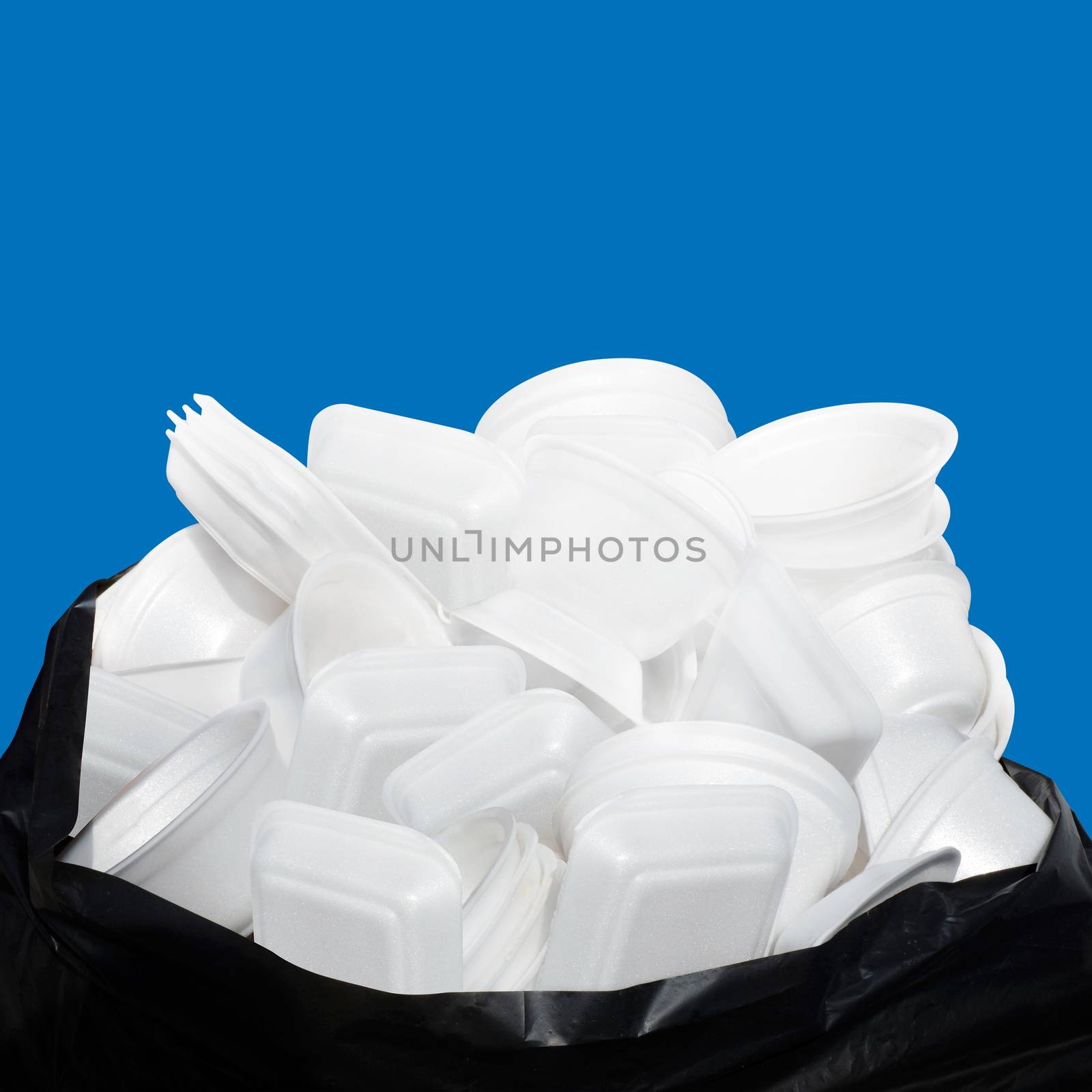 Waste Garbage foam food tray white many pile on the plastic black bag dirty isolated on blue background, Bin, Trash, Recycle, foam trays garbage isolated on blue background