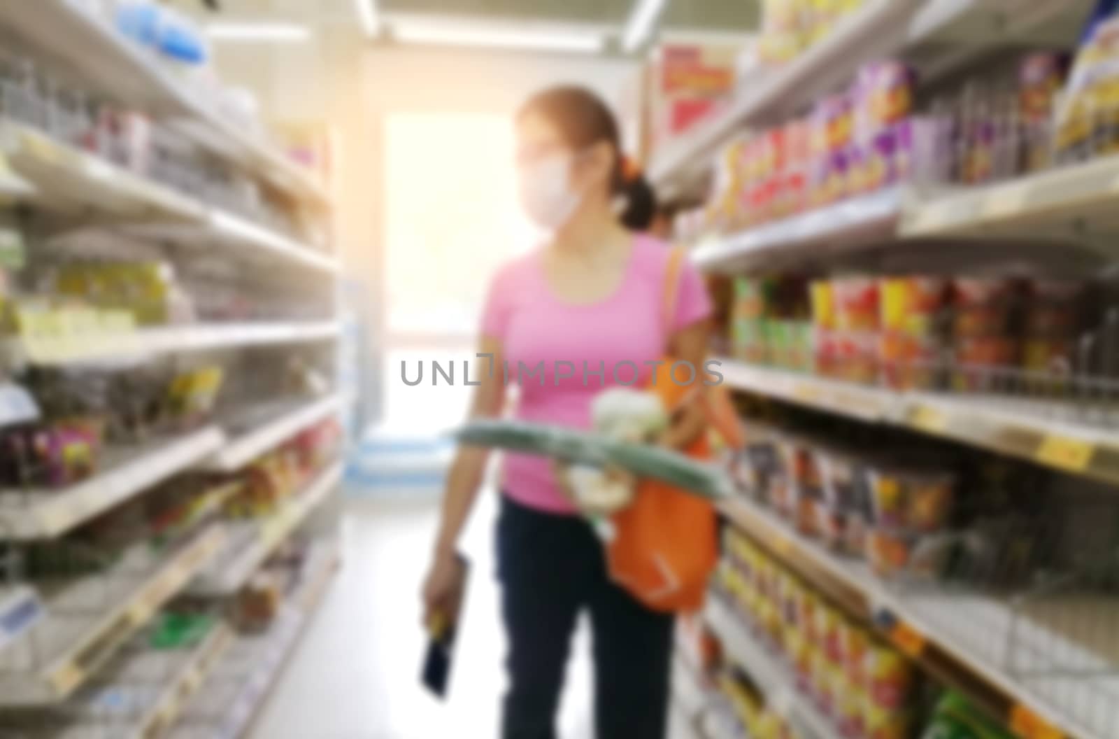 Blurred images of young asian woman wearing disposable medical mask shopping in supermarket during coronavirus pneumonia outbreak. 