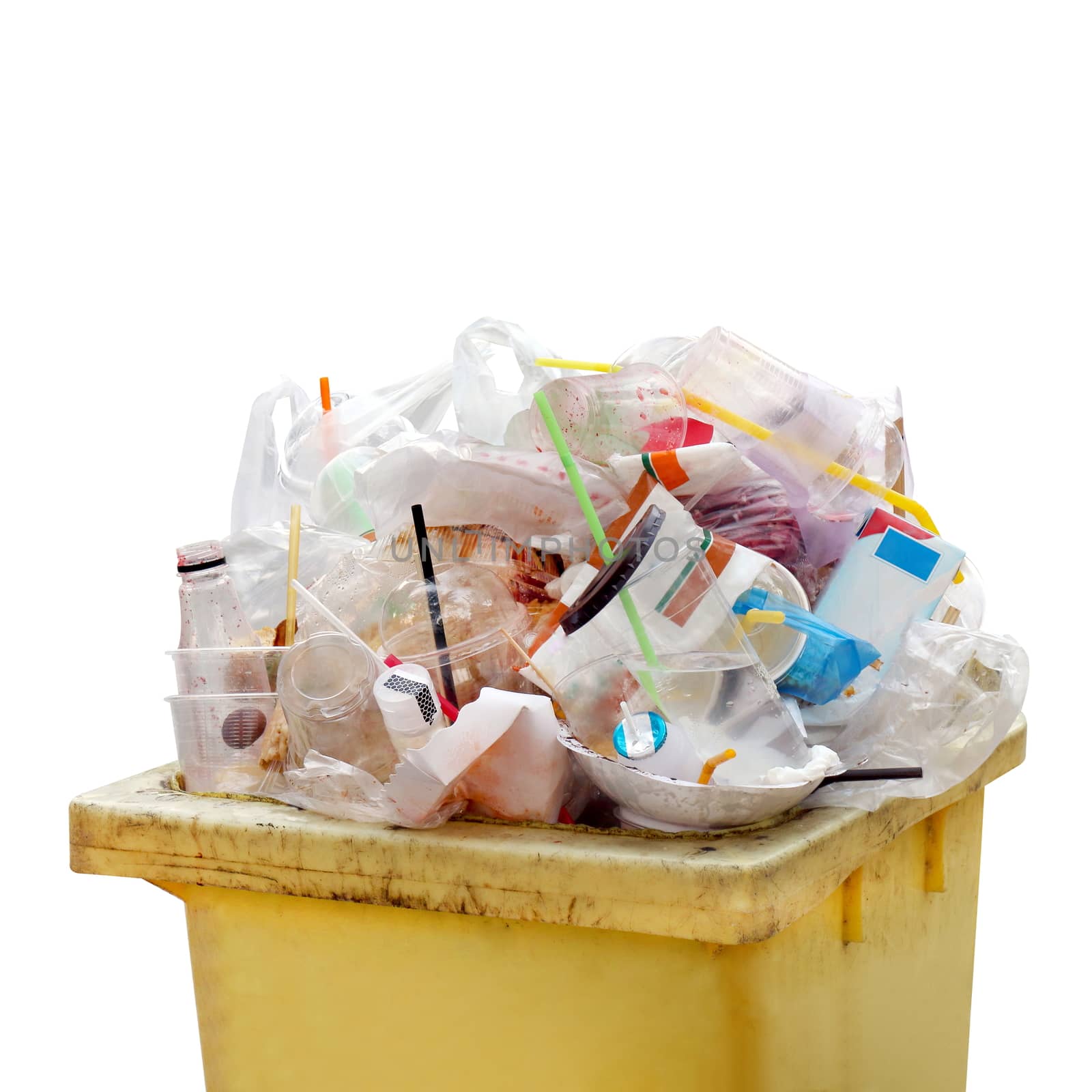 Waste heap, Waste Garbage trash plastic full of trash bin yellow, Plastic bag waste Lots of junk isolated on white background, Garbage many close-up by cgdeaw