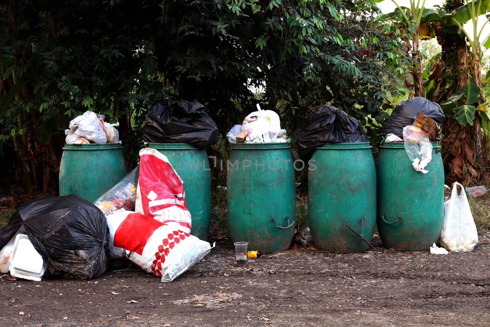 Bin, Bin trash and many pile of garbage bags on the ground, Bin waste plastic for recycle garbage, Waste many, Pollution waste in village