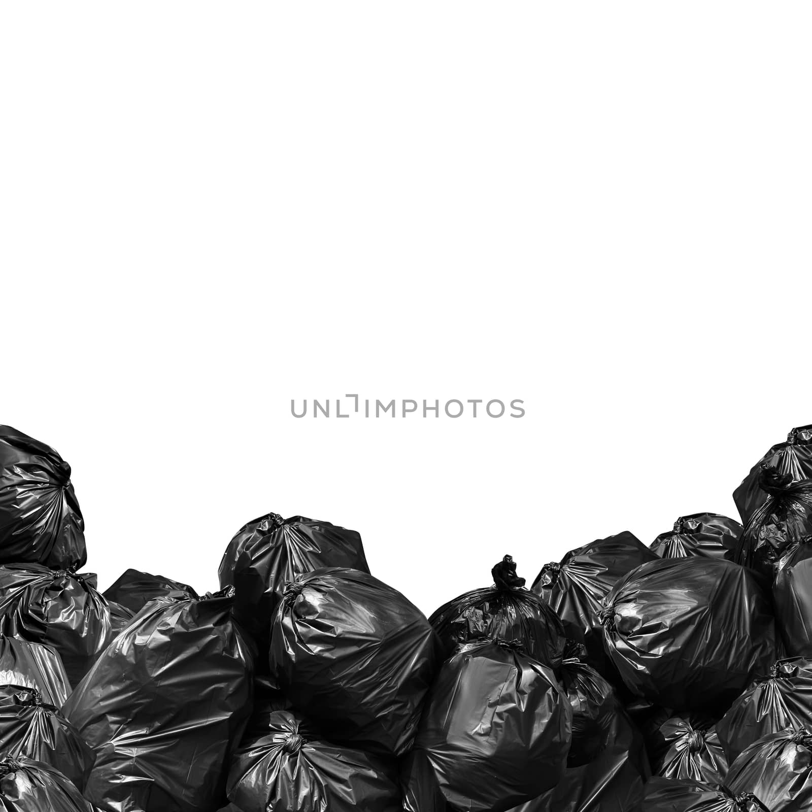 pile of garbage bag black isolated white background and copy space for banner, trash, bin, Garbage bag, pollution from rubbish bag plastic concept by cgdeaw