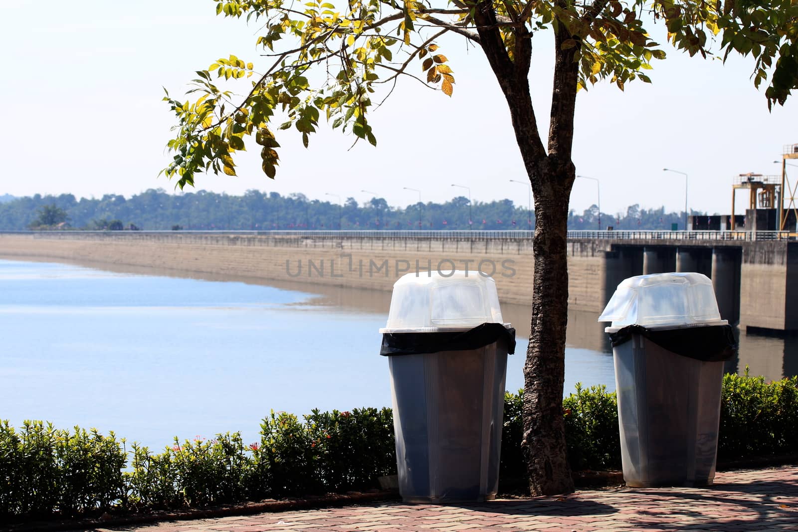 Junk, Bin, Garbage, Plastic waste bin clear trash sideways walk at riverside, Waste plastic bin on floor by cgdeaw