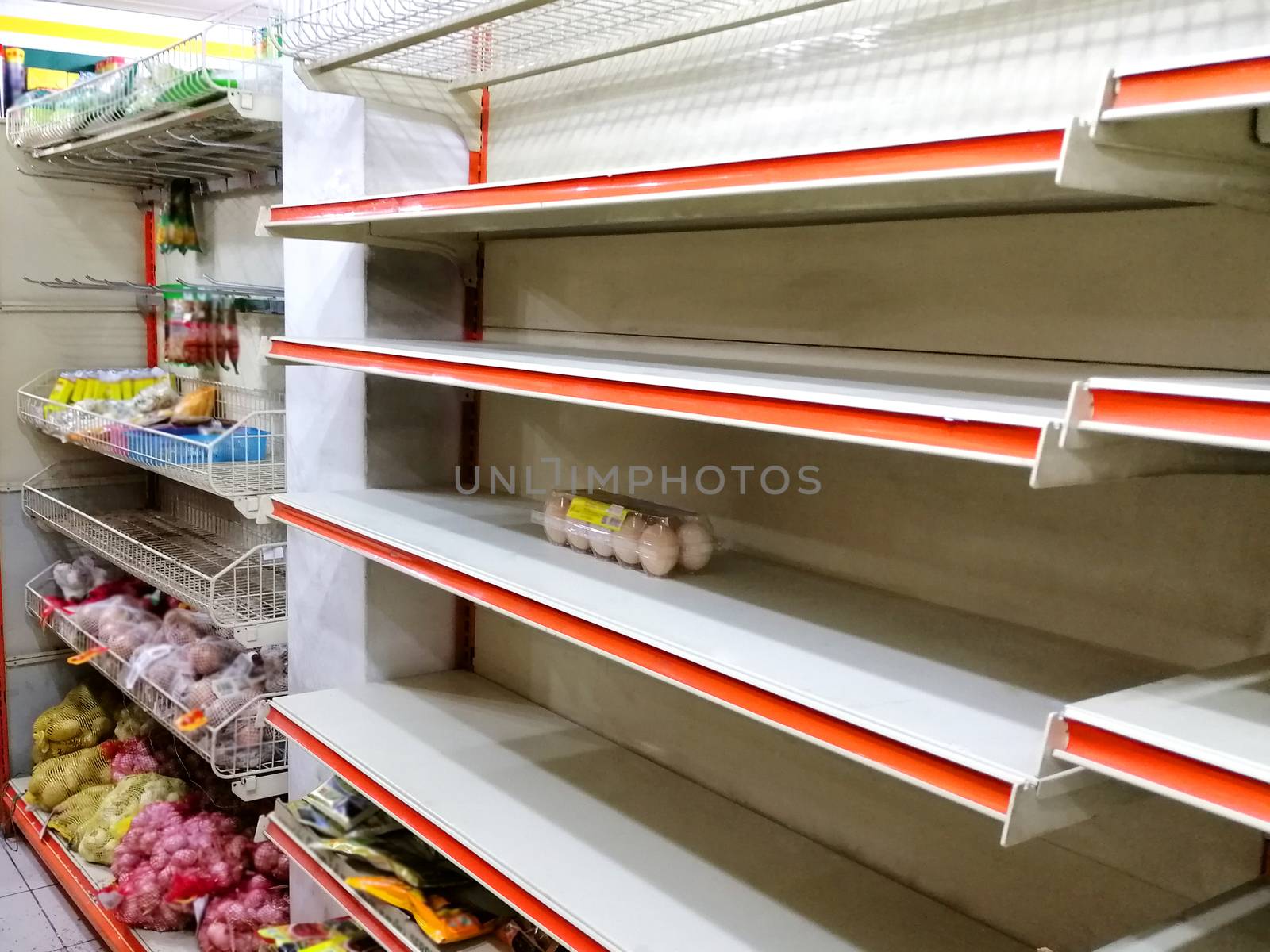 Covid-19 or Coronavirus and panic buying concept.Empty eggs shelves due to panic buying  at supermarket store.
