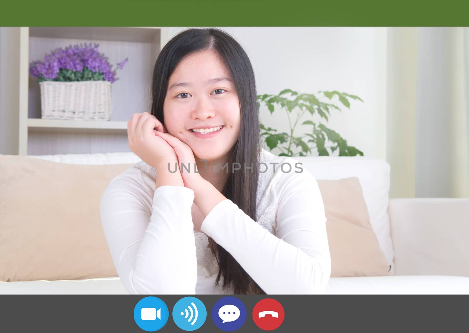 Headshot portrait screen application view of happy  Asian girl talk on video call online using phone or pc,distance Webcam chat with family member,conversation between friends.