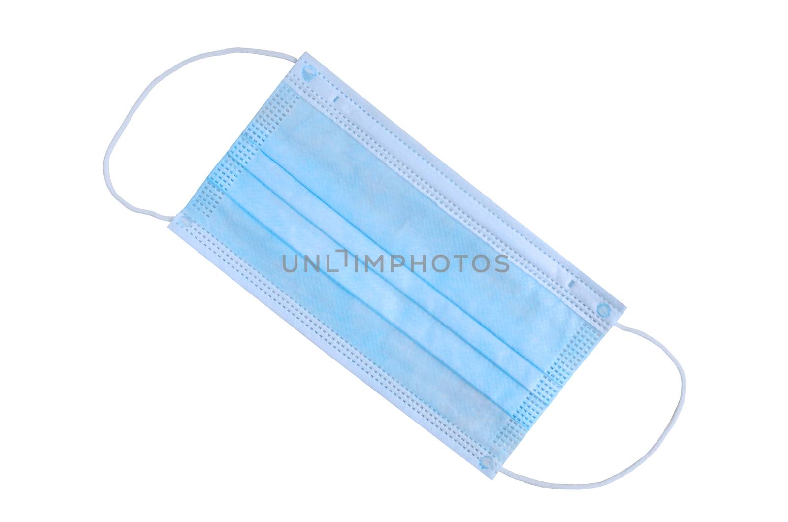 Surgical mask with rubber ear straps isolated on white background. Typical 3-ply surgical mask to cover the mouth and nose. Protection concept.