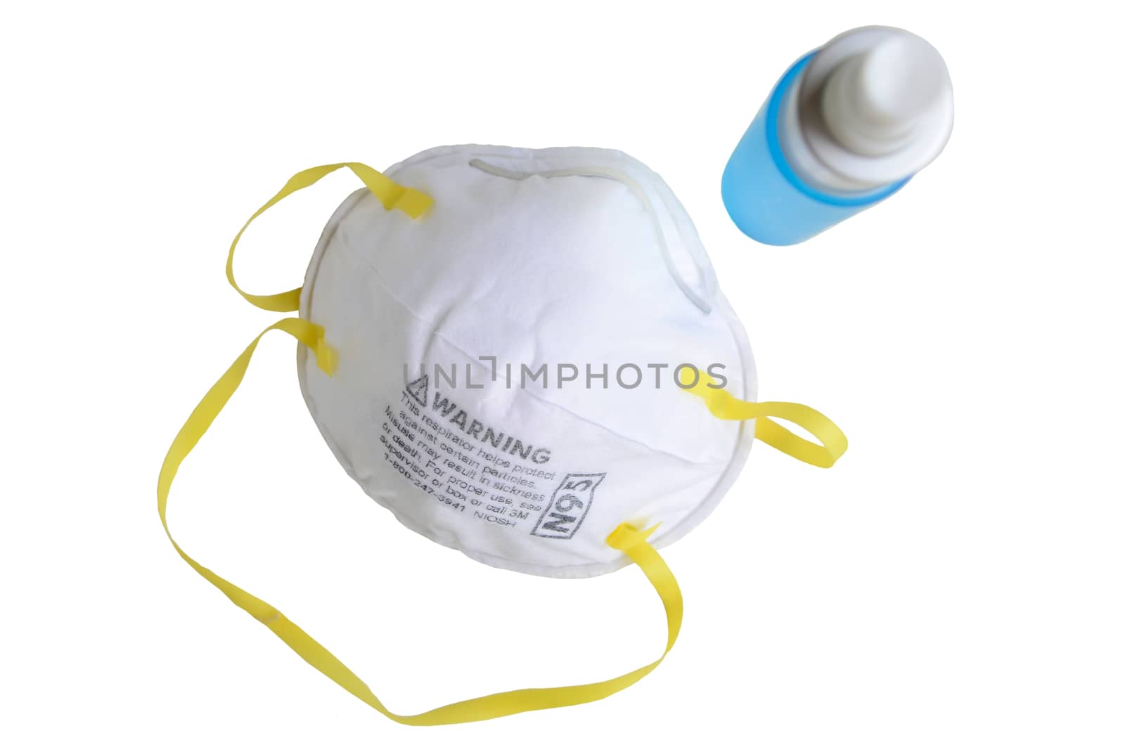 N95 respirator  with alcohol sanitizer gel isolated on white background for covid-19 Coronavirus prevention concept.