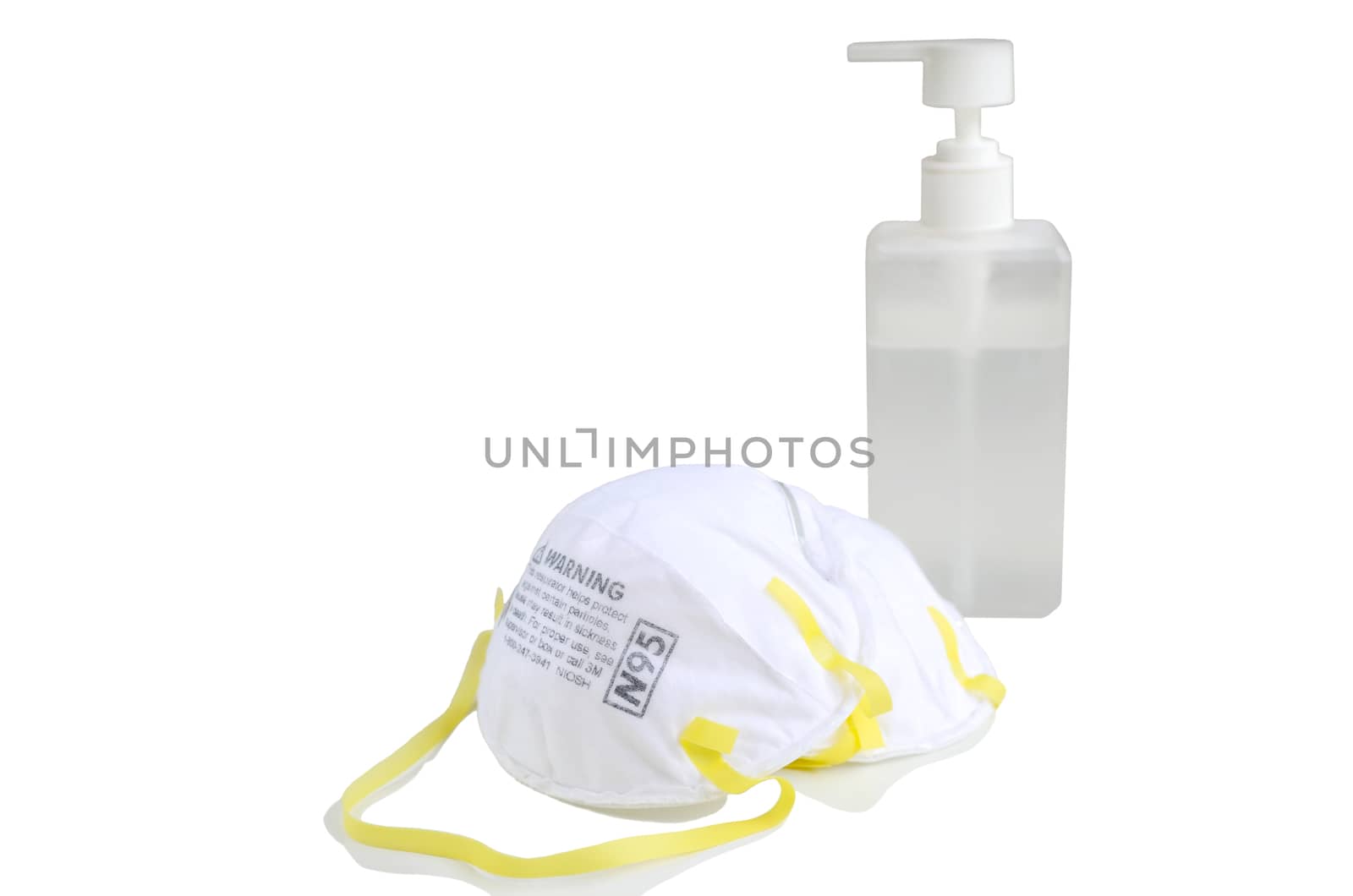 N95 respirator  with alcohol sanitizer gel isolated on white background for covid-19 Coronavirus prevention concept.