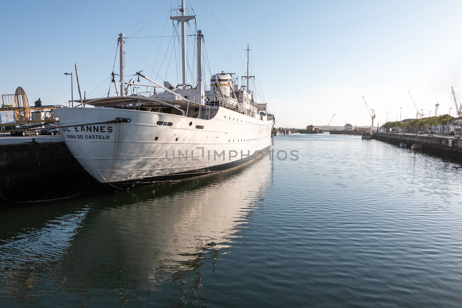 Viana Do Castelo, Portugal - May 10, 2018: View of the Gil Eannes, former hospital ship, now transformed into a museum and youth hostel. it is moored in persmanence in the city port