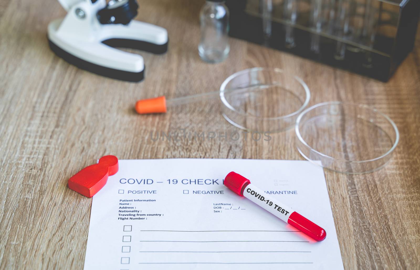 COVID19 Check List and blood test tube to detect corona virus in the lab. The corona virus outbreak is researched to find vaccines to prevent the disease in Epidemiology or  infectious concept