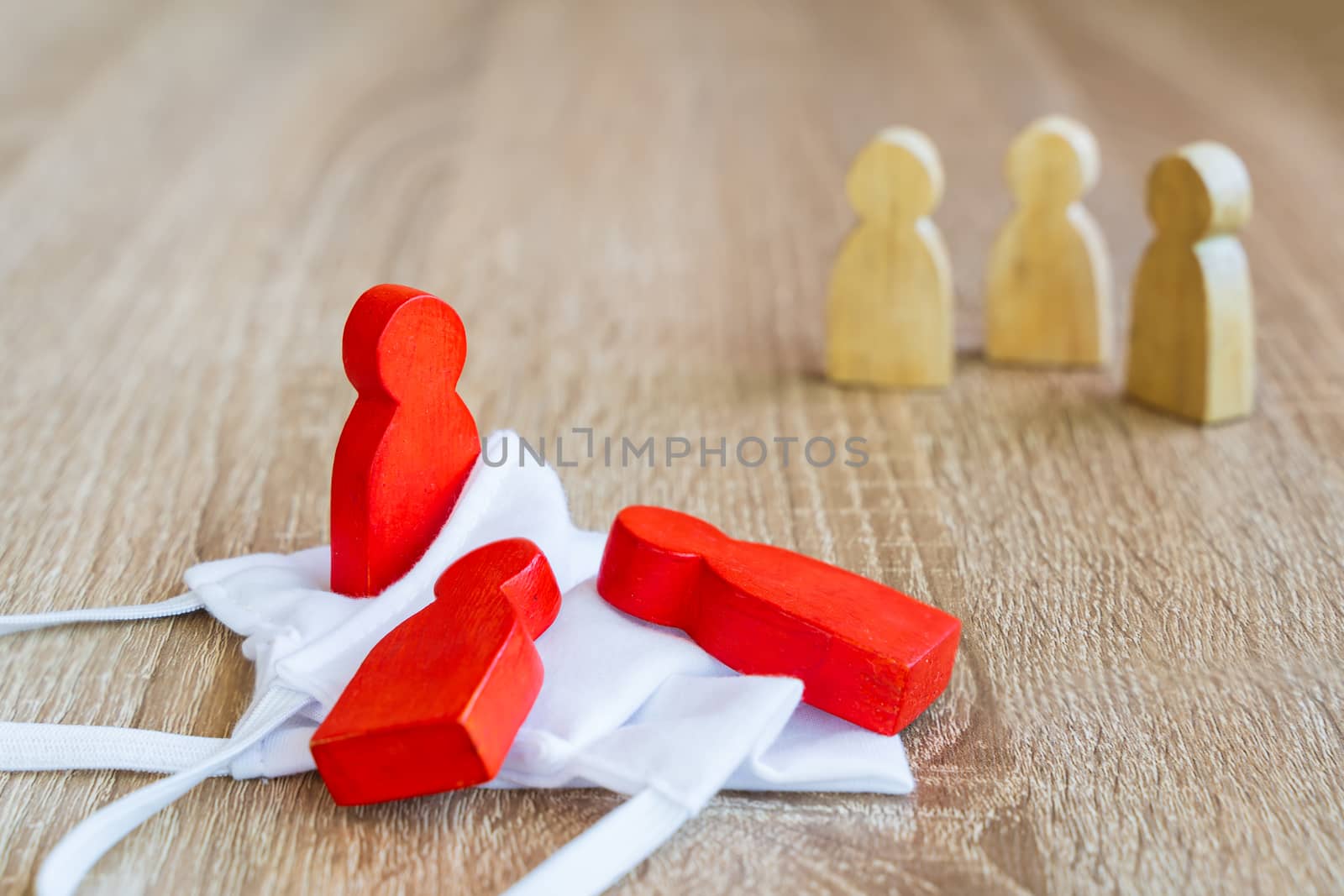 Social distancing during the Corona virus outbreak, red wooden Figure were infected in hygienic masks such as 
quarantine Exclude from people who are not infected to prevent increased outbreaks