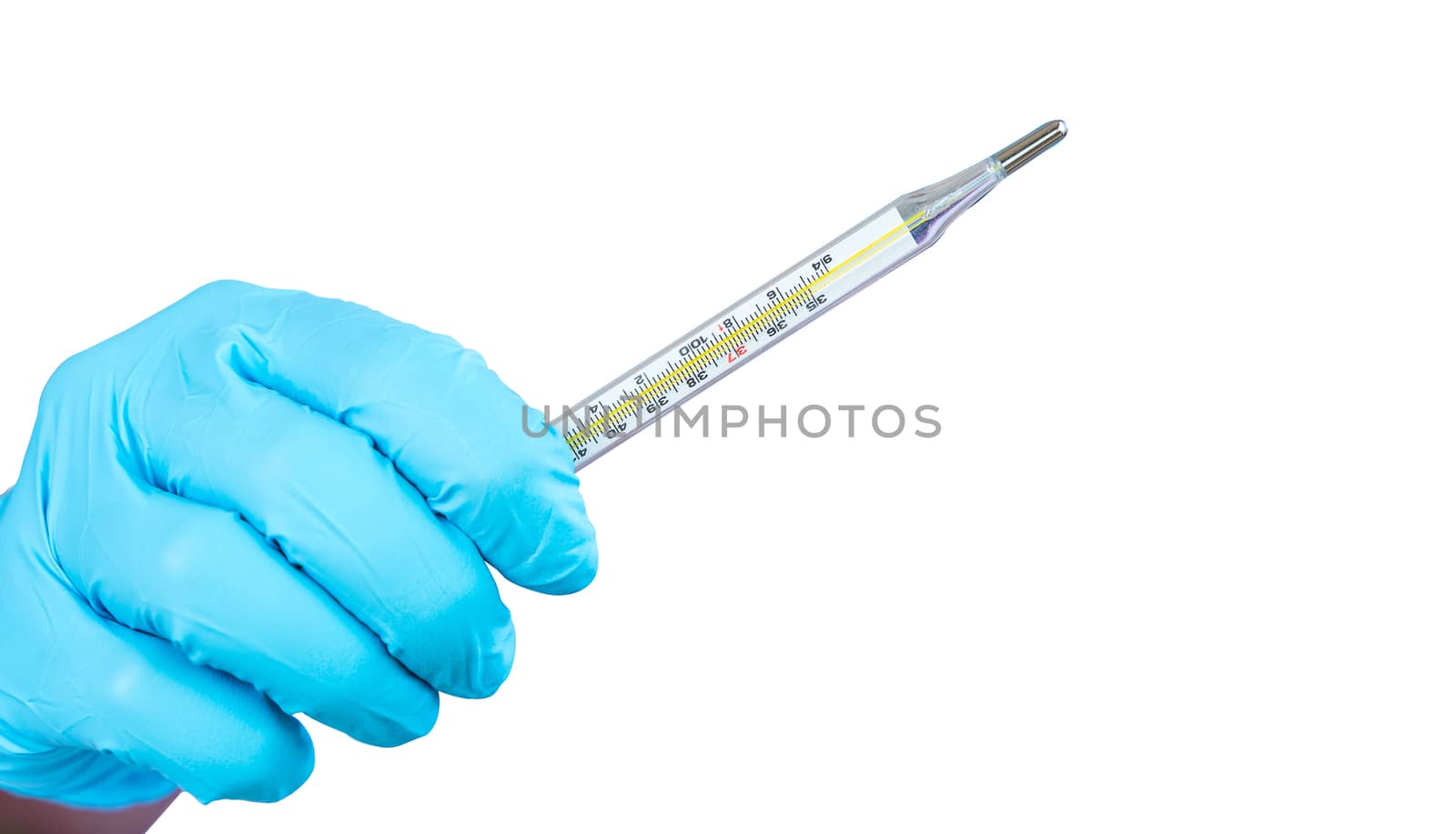 The doctor's hand is holding mercury to measure fever dicut isolate on white background with Clipping path