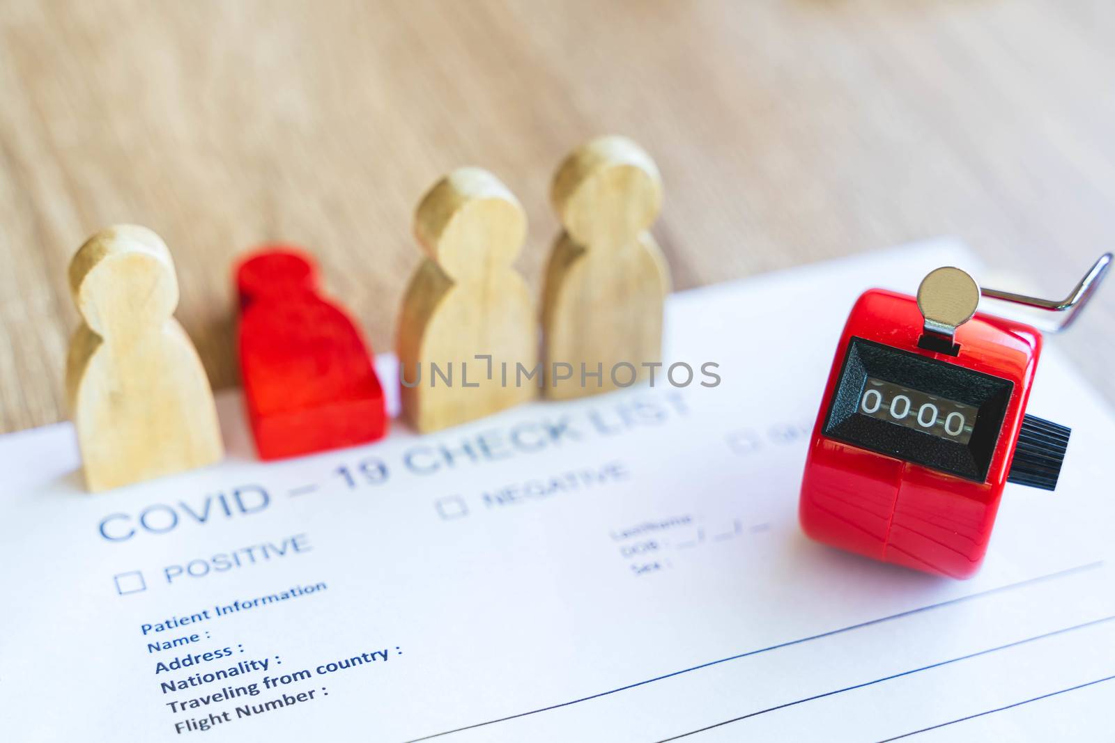 COVID19 Check List and blood test tube to find corona virus with hand counter to count on infected people during the corona virus outbreak in Epidemiology or infectious concept