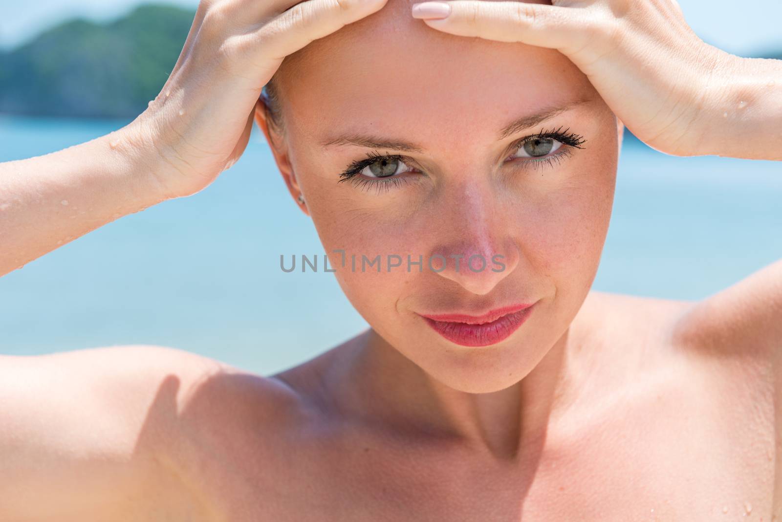 Closeup beauty Slim young woman relaxing at tropical islands