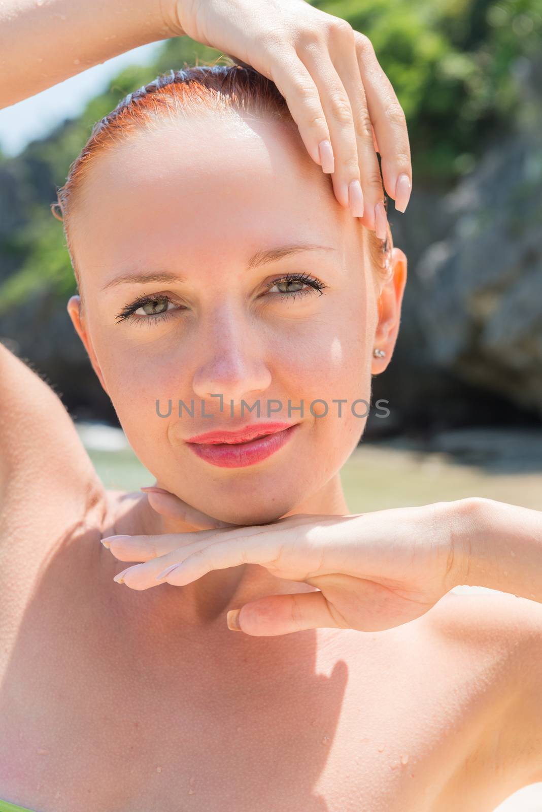 Closeup beauty Slim young woman relaxing at tropical islands