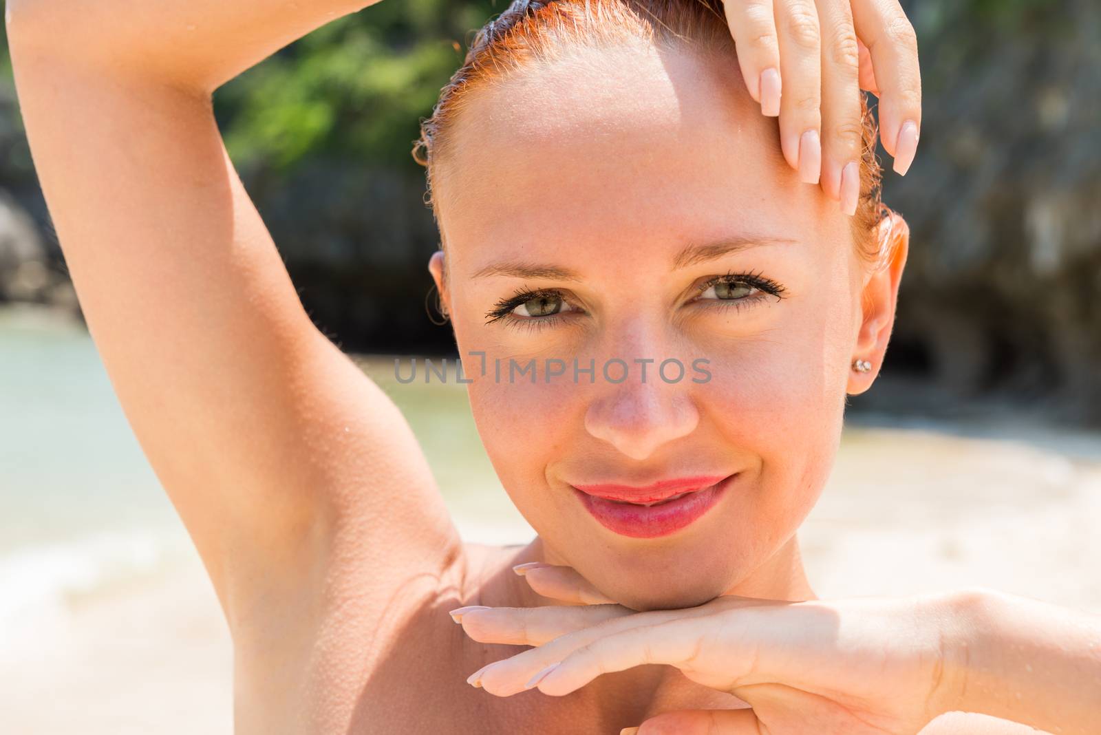 Closeup beauty Slim young woman relaxing at tropical islands