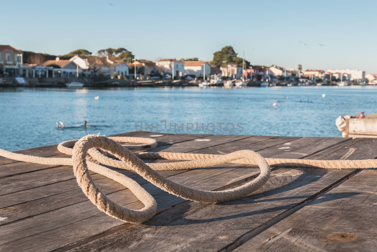 Mooring hook and rope on a pontoon Cape Bay Agde, France