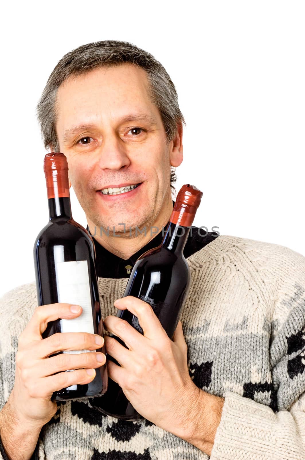 A happy man with two bottles of red wine